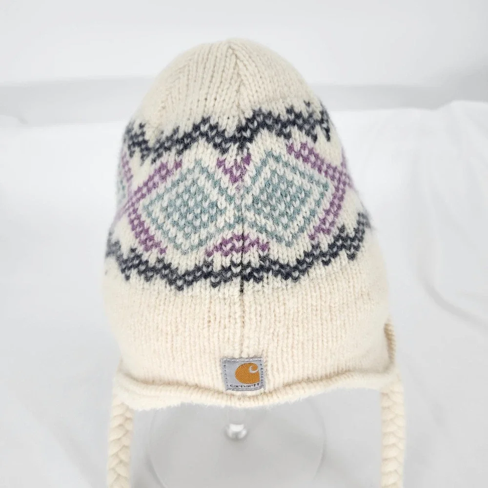 Carhartt Womens Picket Sherpa Lined Knit Earflap Hat Cream Fair Isle Lambswool